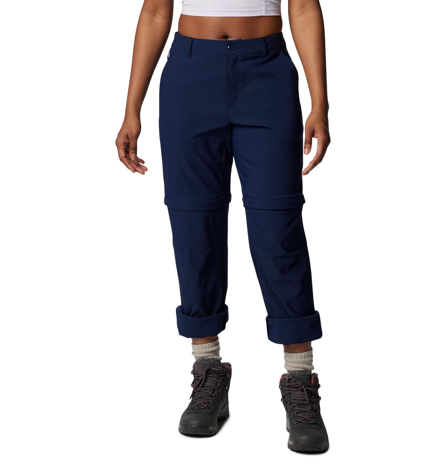Columbia Leslie Falls pants front view shows convertible design for all-day hikes.
