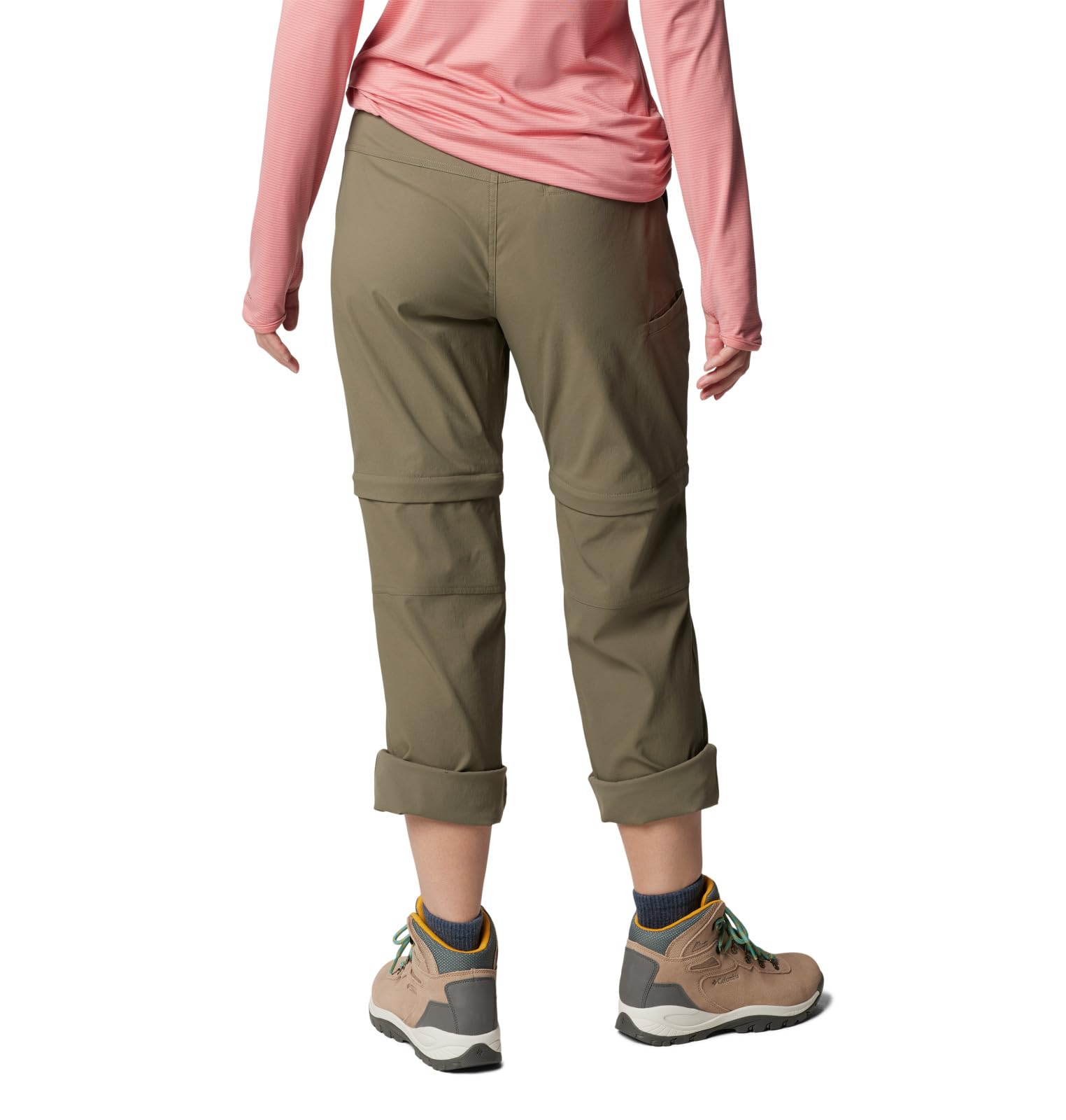 Columbia Leslie Falls pants waist belt loops demonstrate adjustable fit for stability
