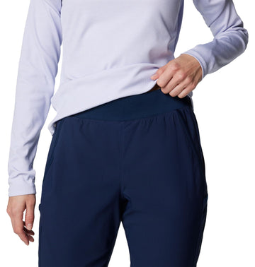Columbia Leslie Falls pull-on pant navy fabric-closeup, durable, stain-resistant nylon.