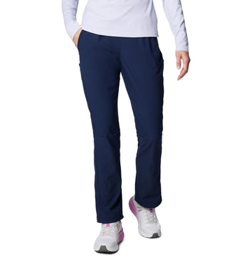 Columbia Leslie Falls pull-on pant navy front view, hiking-ready silhouette.