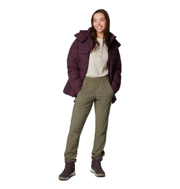 Columbia Leslie Falls pull-on pant stone green back view showing durable fabric