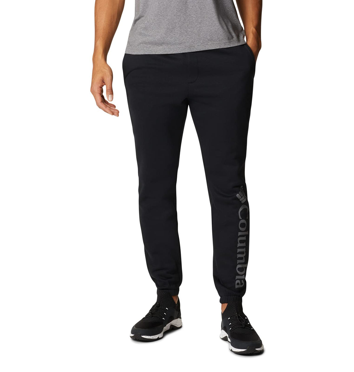 Columbia men's trek jogger front view with vertical logo for everyday comfort