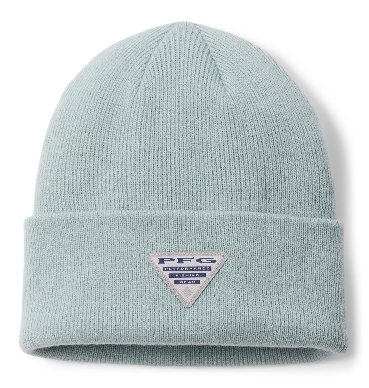 Columbia PFG Fish Flag cuffed beanie close-up shows durable knit and patch detail for outdoor wear.