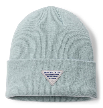 Columbia PFG Fish Flag cuffed beanie close-up shows durable knit and patch detail for outdoor wear.