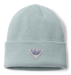 Columbia PFG Fish Flag cuffed beanie close-up shows durable knit and patch detail for outdoor wear.