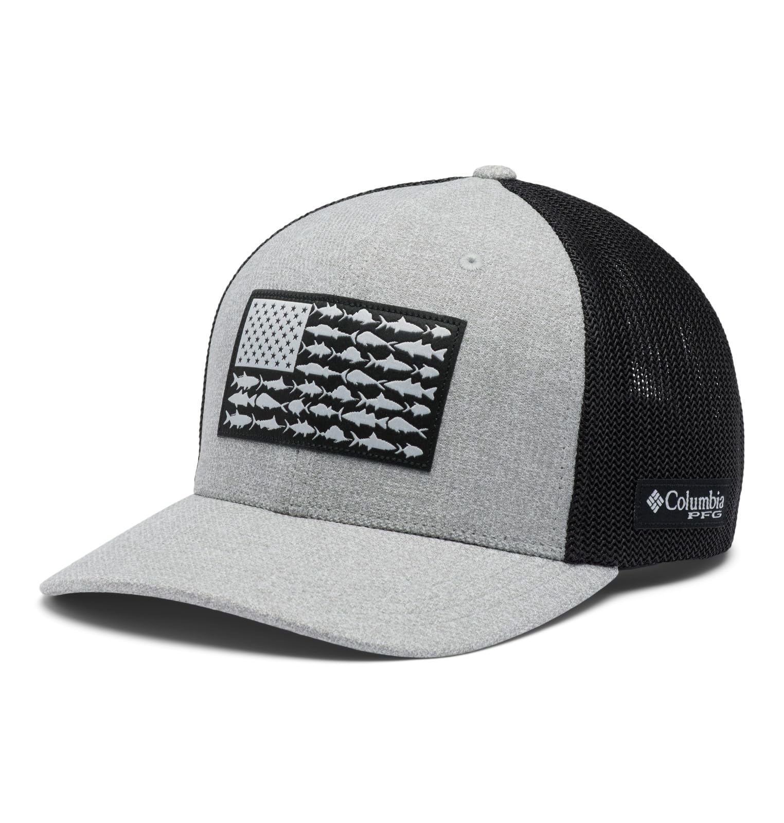 Columbia PFG Fish Flag Mesh Ball Cap high crown in cool grey heather offers all-day comfort.