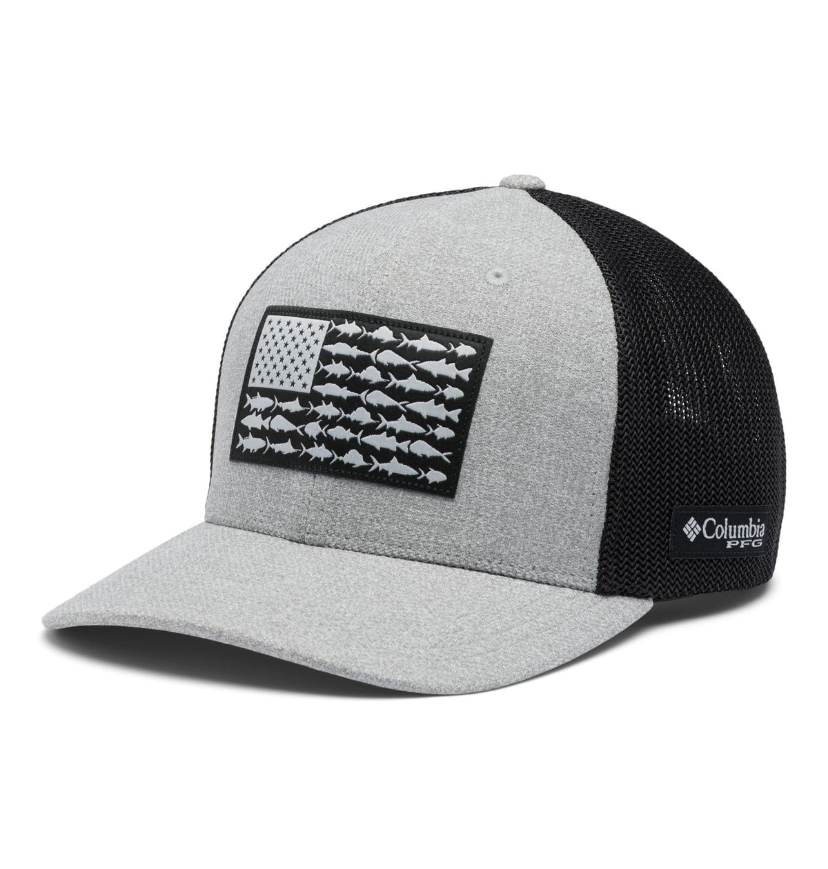 Columbia PFG Fish Flag Mesh Ball Cap high crown in cool grey heather offers all-day comfort.