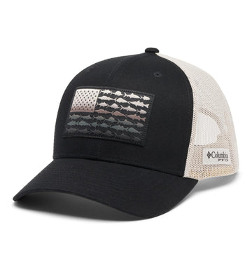 Columbia PFG Fish Flag mesh snap-back cap front view, breathable sun protection.
