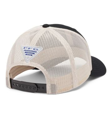 Columbia PFG Fish Flag mesh snap-back cap side view, durable pre-formed bill for everyday wear.