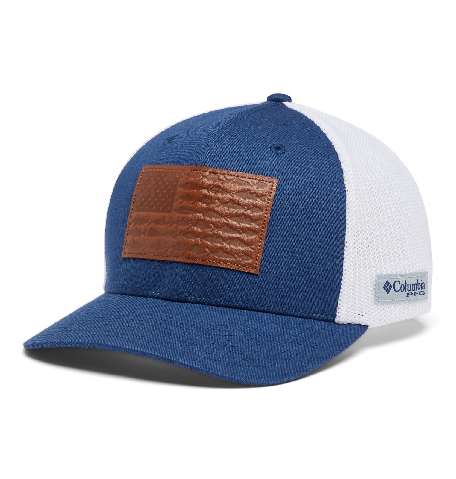 Columbia PFG Leather Fish Flag mesh cap, front view, breathable sun-ready cap.