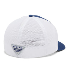 Columbia PFG Leather Fish Flag mesh cap, side view, durable cotton-wrapped bill.