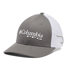 Columbia PFG Logo Mesh Ball Cap close-up stitching highlights eight-line durability