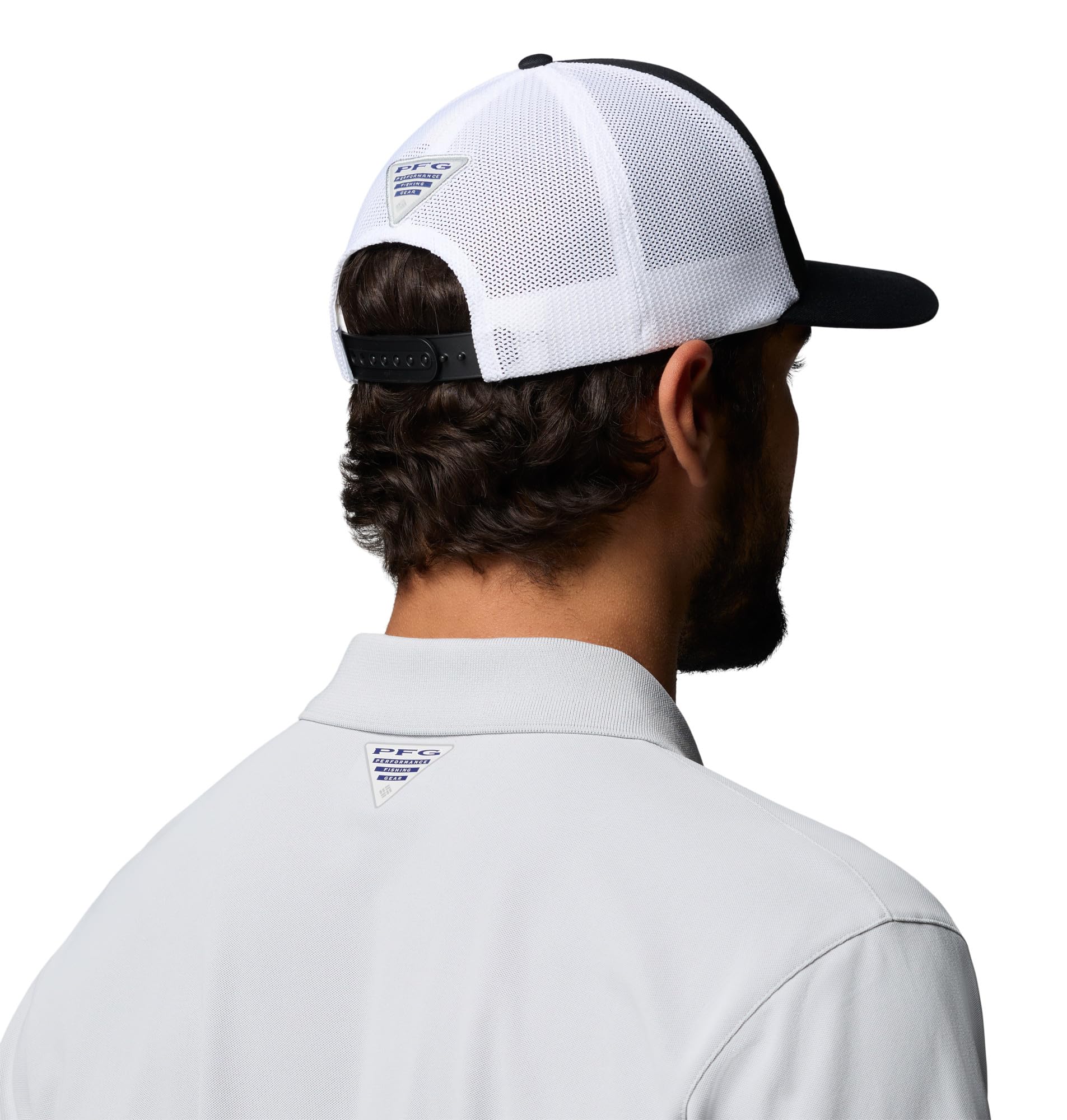 Columbia PFG Mesh 3D Stretch Snap Back, close-up bill, lasting curve and stitching.