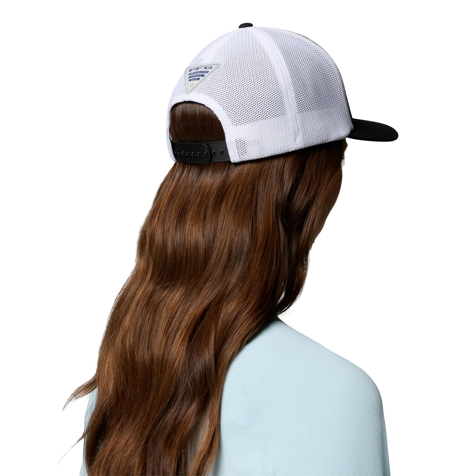 Columbia PFG Mesh 3D Stretch Snap Back, worn on head, versatile outdoor use.