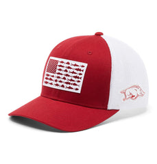 Columbia PFG mesh ball cap front view in Ark Red Velvet, breathable fit for long days on the water