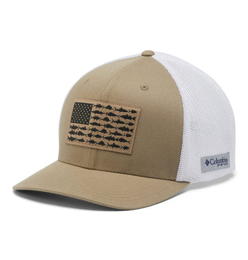 Columbia PFG Mesh Ball Cap front view with Fish Flag design for sun protection