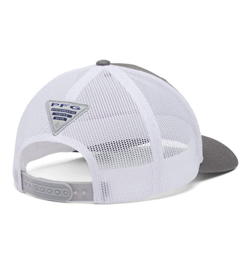 Columbia PFG Mesh Fish Flag Cap detail focused on quality fabric and embroidery
