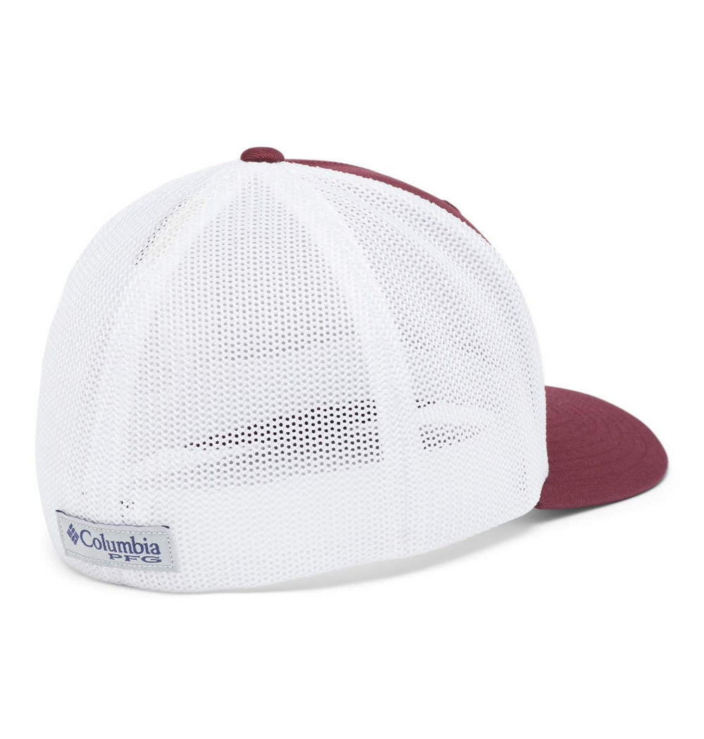 Columbia PFG Mesh Fish Flag cap side view shows college logo and breathable design