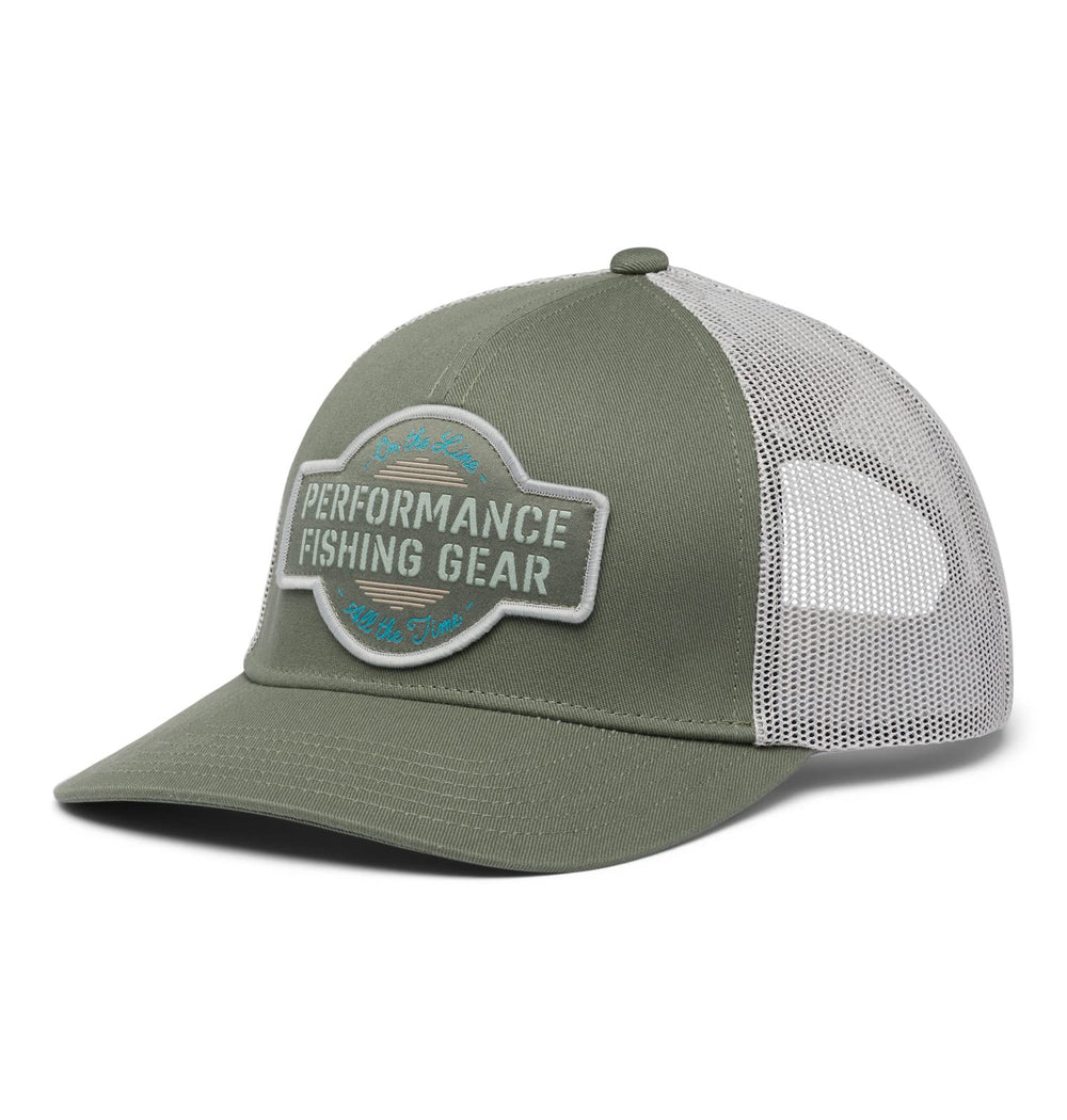 Columbia PFG patch 5-panel snap back front view, versatile outdoor style.