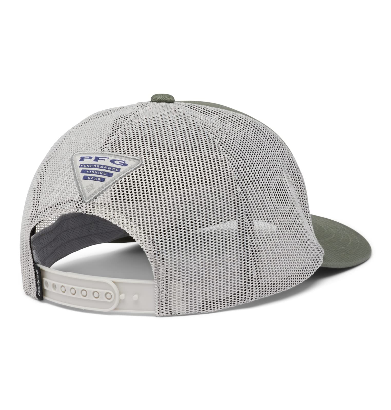 Columbia PFG patch 5-panel snap back side view, secure adjustable fit.