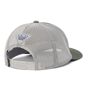 Columbia PFG patch 5-panel snap back side view, secure adjustable fit.