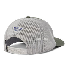 Columbia PFG patch 5-panel snap back side view, secure adjustable fit.