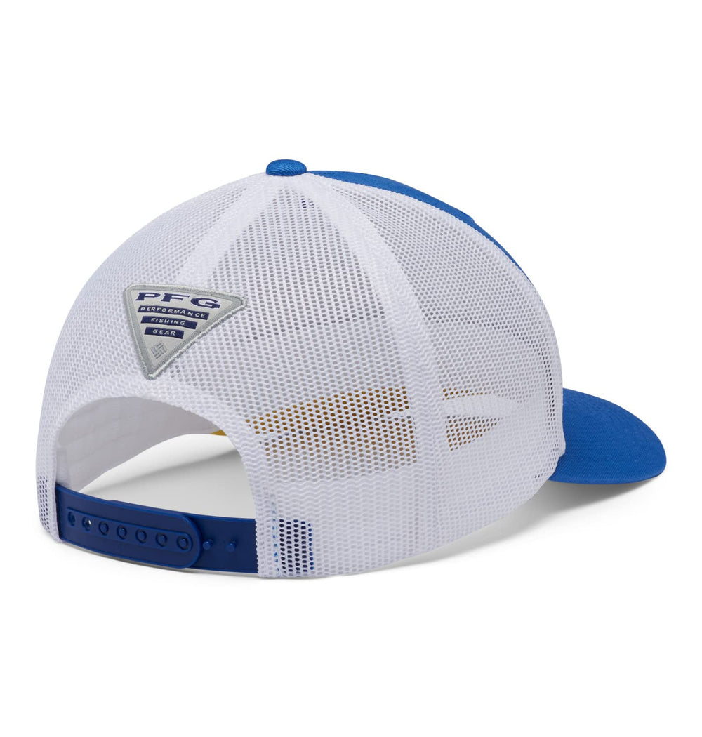 Columbia PFG patch mesh snap back colorway high vivid blue marlin triangle stands out.