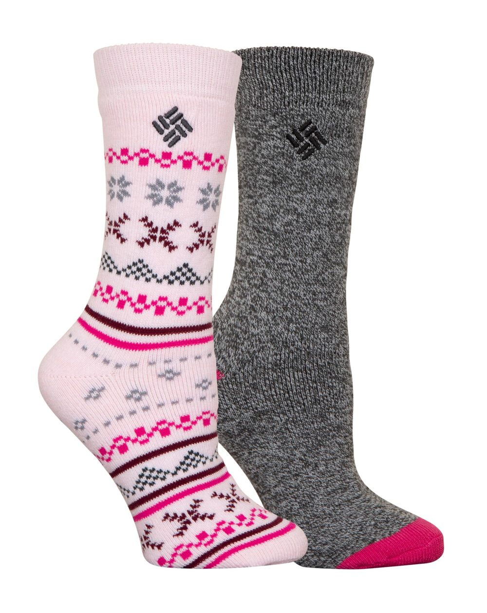 Columbia thermal socks with Fair Isle knit in grey satin, moisture-wicking comfort.