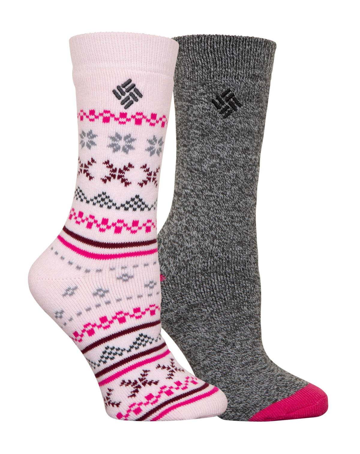 Columbia thermal socks with Fair Isle knit in grey satin, moisture-wicking comfort.