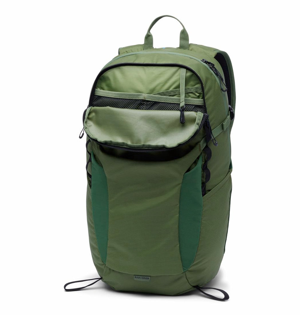 Columbia Triple Canyon 24L backpack strap and rain cover, reliable weather readiness.