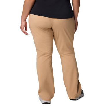 Columbia women's all seasons bootcut pant canoe side view highlights mobility and comfort stretch.