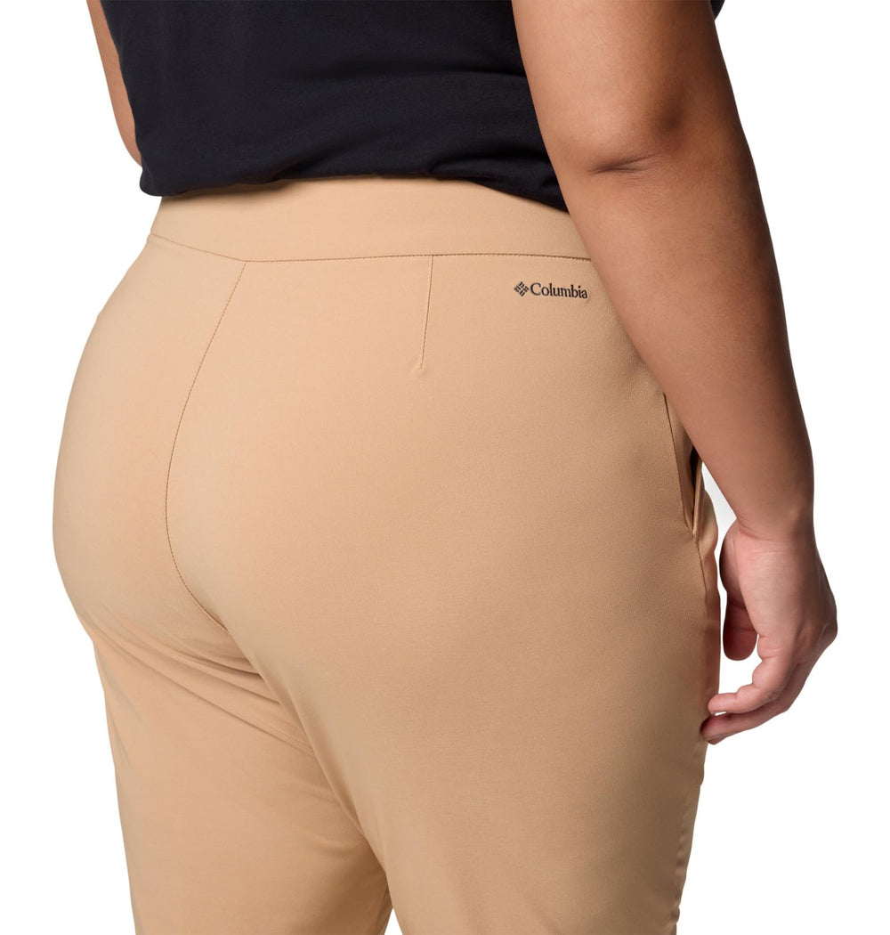 Columbia All Seasons Bootcut Pant Canoe waistband closeup shows wide supportive fit.