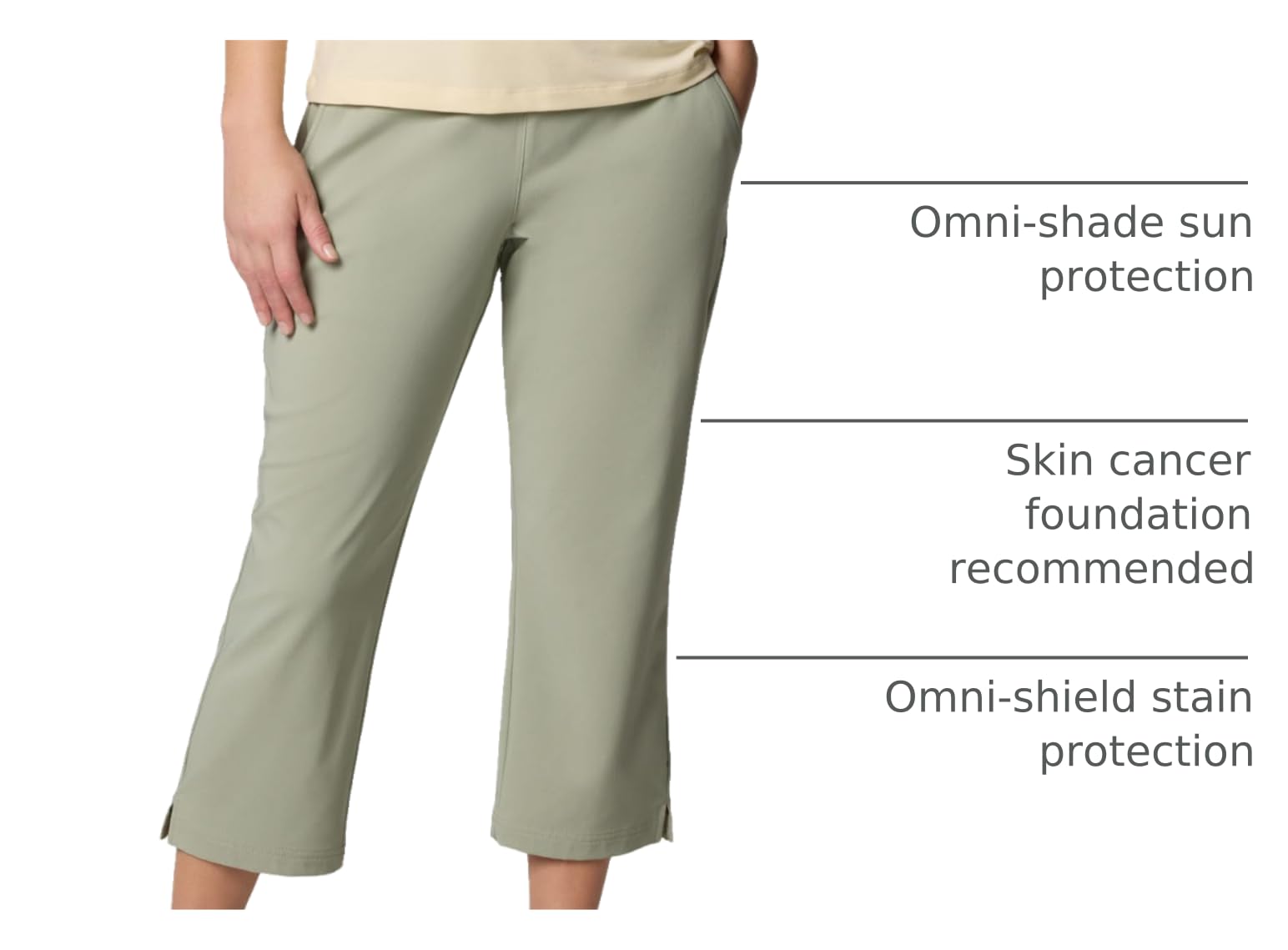 Columbia Women's All Seasons Capri Safari pocket closeup highlighting zippered security for valuables