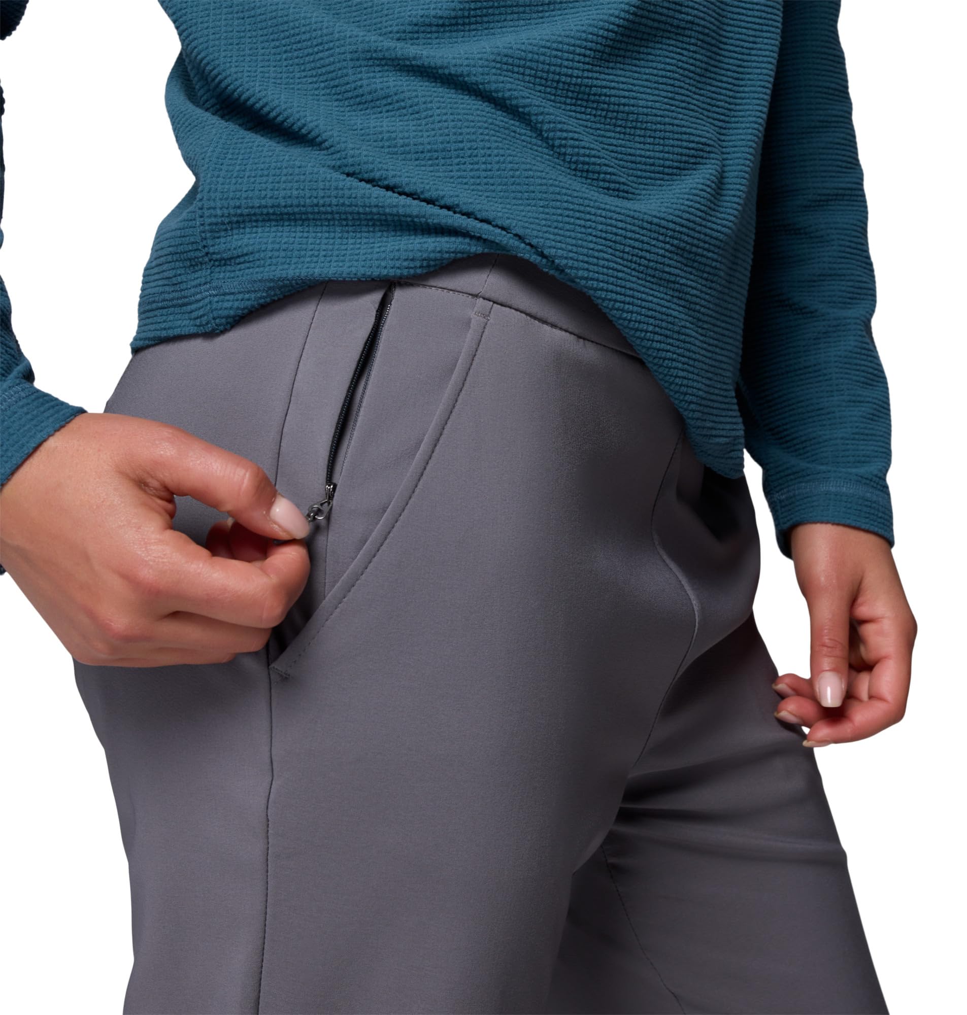Columbia All Seasons Slim Pull-On Pant City Grey fabric texture showing UV protection and stain resistance.