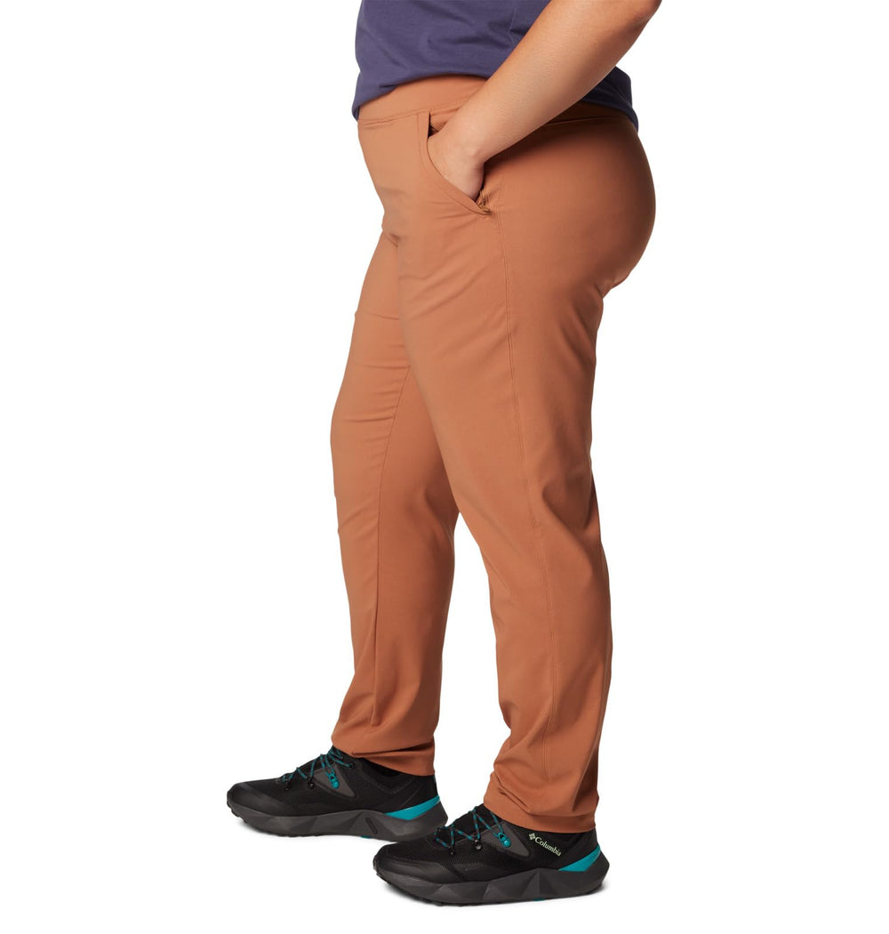Columbia women's Anytime Pull-On Pant II camel brown gusset detail to support movement.