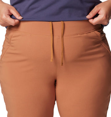 Columbia women's Anytime Slim Pull-On Pant II camel brown on-model view shows everyday versatility