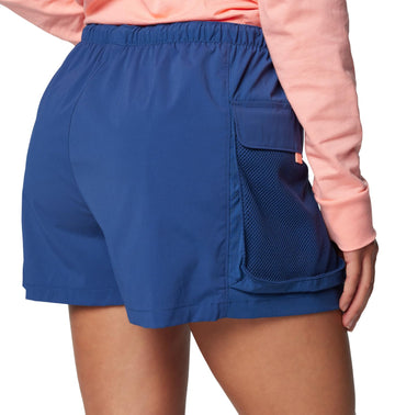 Columbia PFG Open Water Short carbon hem detail indicates reinforced stitching for durability.