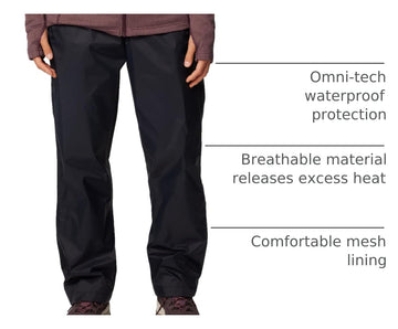 Columbia Womens Storm Surge II rain pant side view demonstrates adjustable cuffs for a secure boot fit.