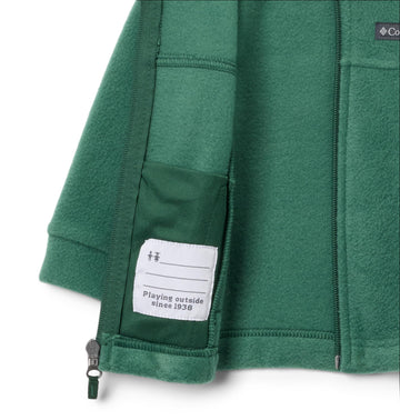 Columbia Youth Steens Mountain II fleece jacket Rain Forest zipper pockets highlight secure storage