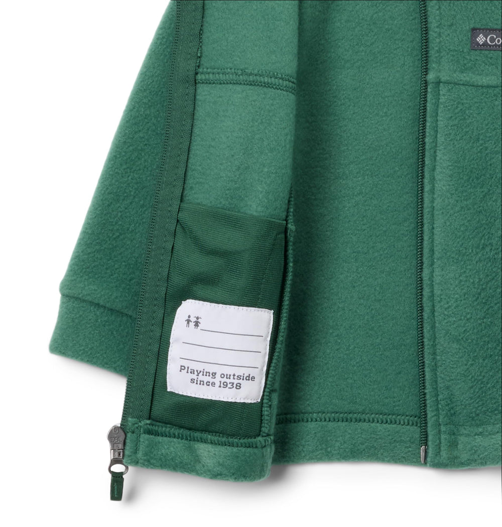Columbia Youth Steens Mountain II fleece jacket Rain Forest zipper pockets highlight secure storage