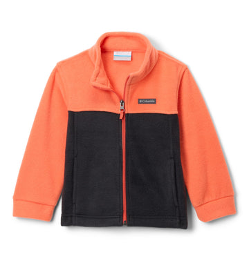 Columbia Youth Steens Mountain II fleece jacket front view in Zing/Black for quick warmth outdoors