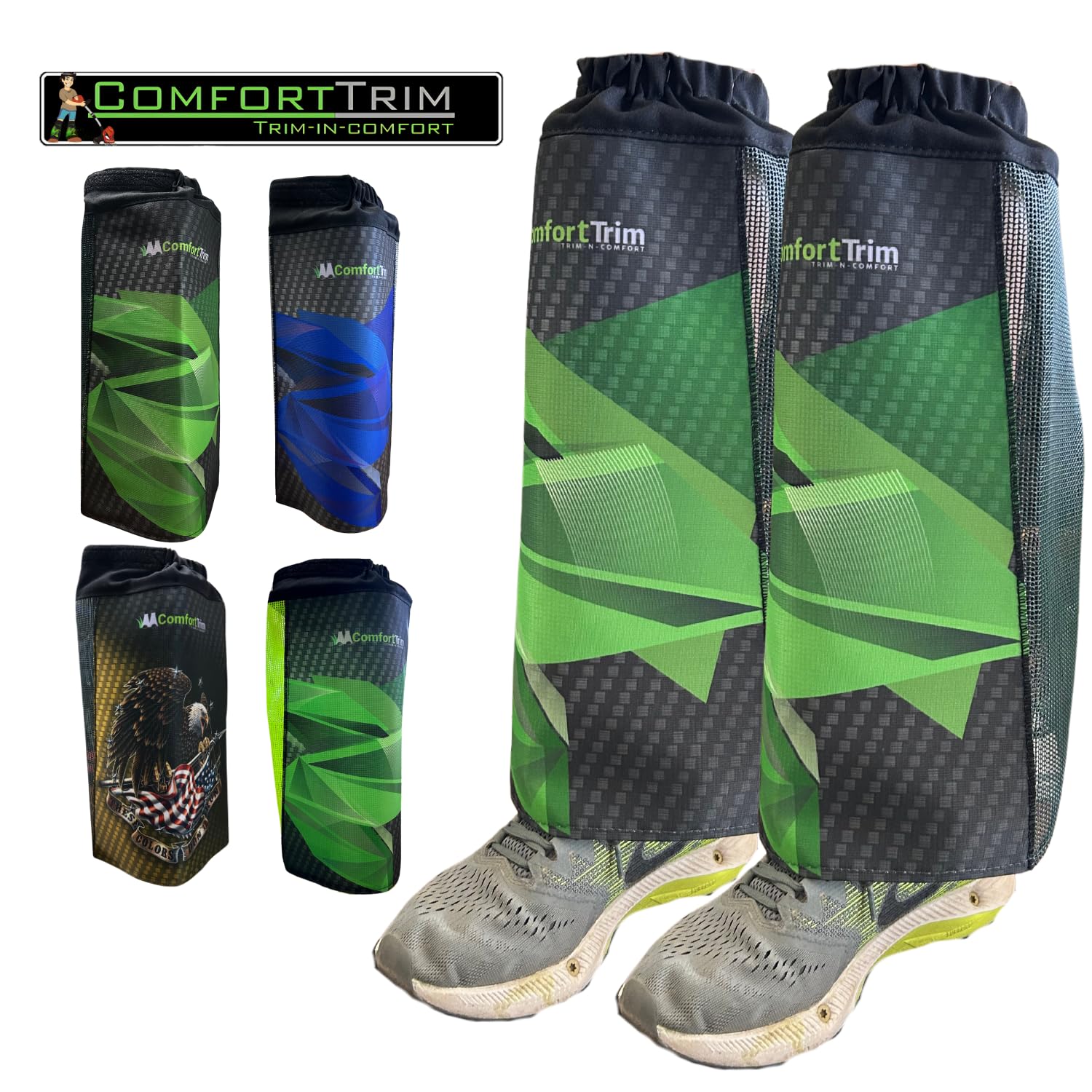 ComfortTrim leg guards front view with green carbon fiber print and secure fit