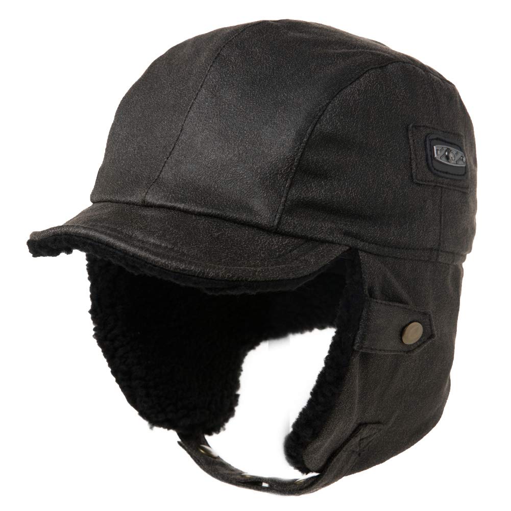 Comhats Aviator Hat front view highlights premium faux leather and cozy winter warmth.