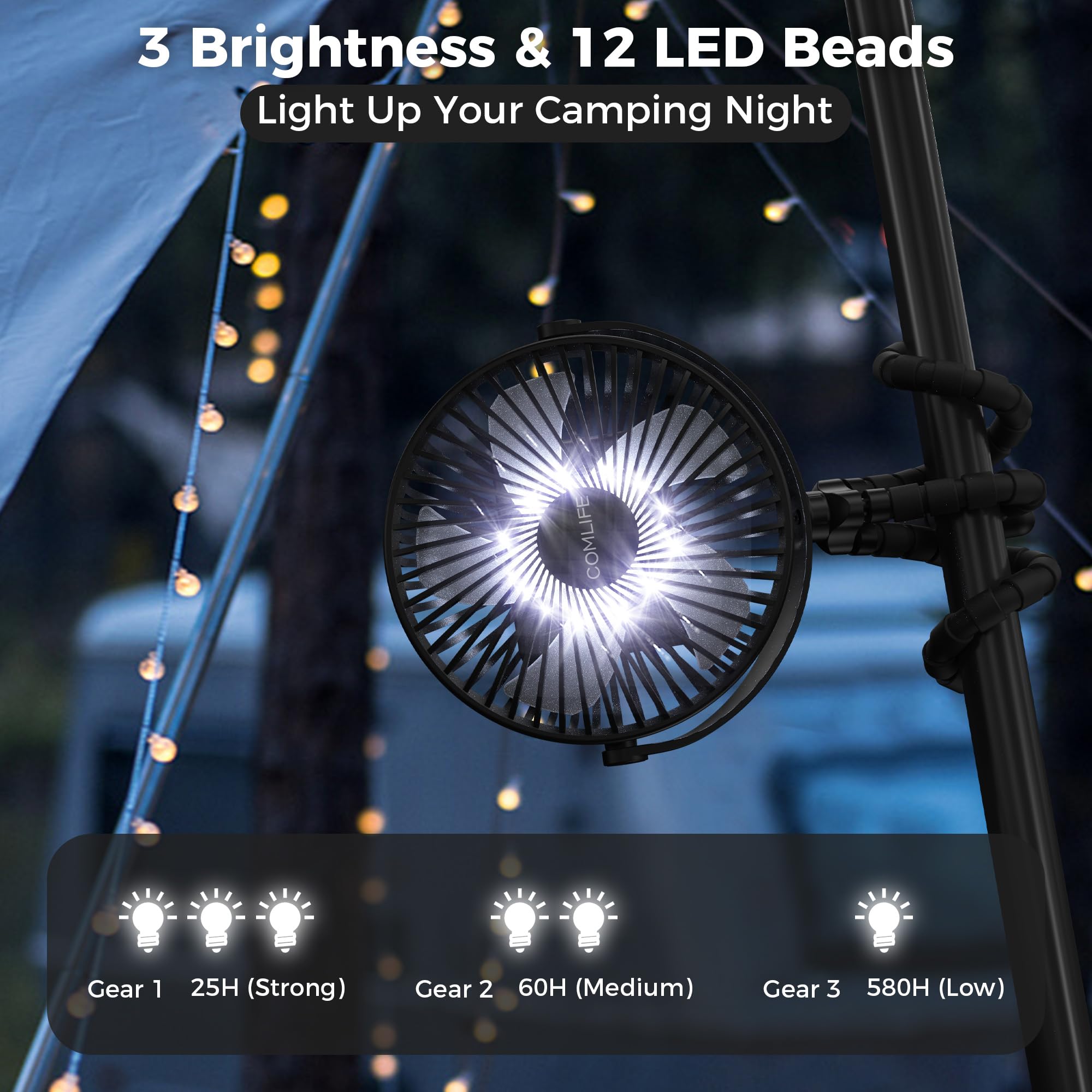 COMLIFE camping fan emits up to 200 lumens for bright nighttime visibility.