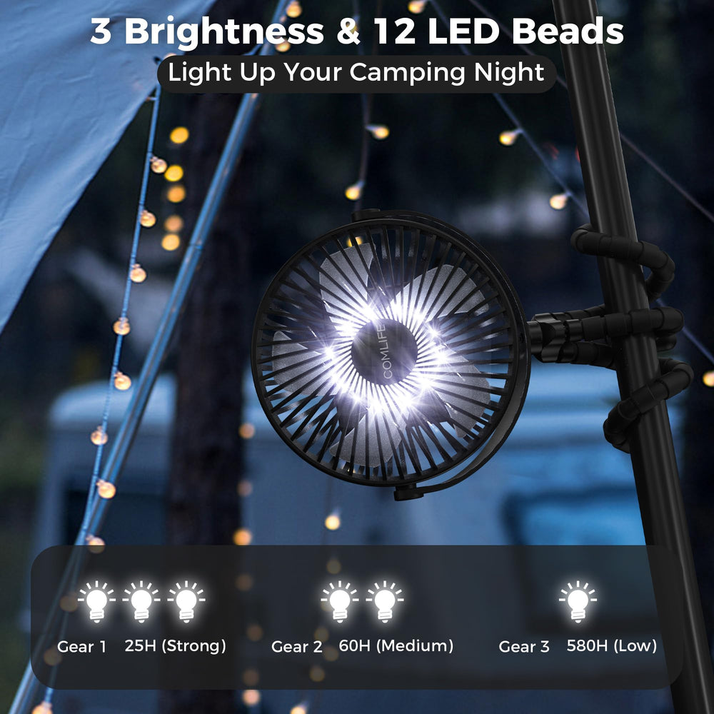 COMLIFE camping fan emits up to 200 lumens for bright nighttime visibility.