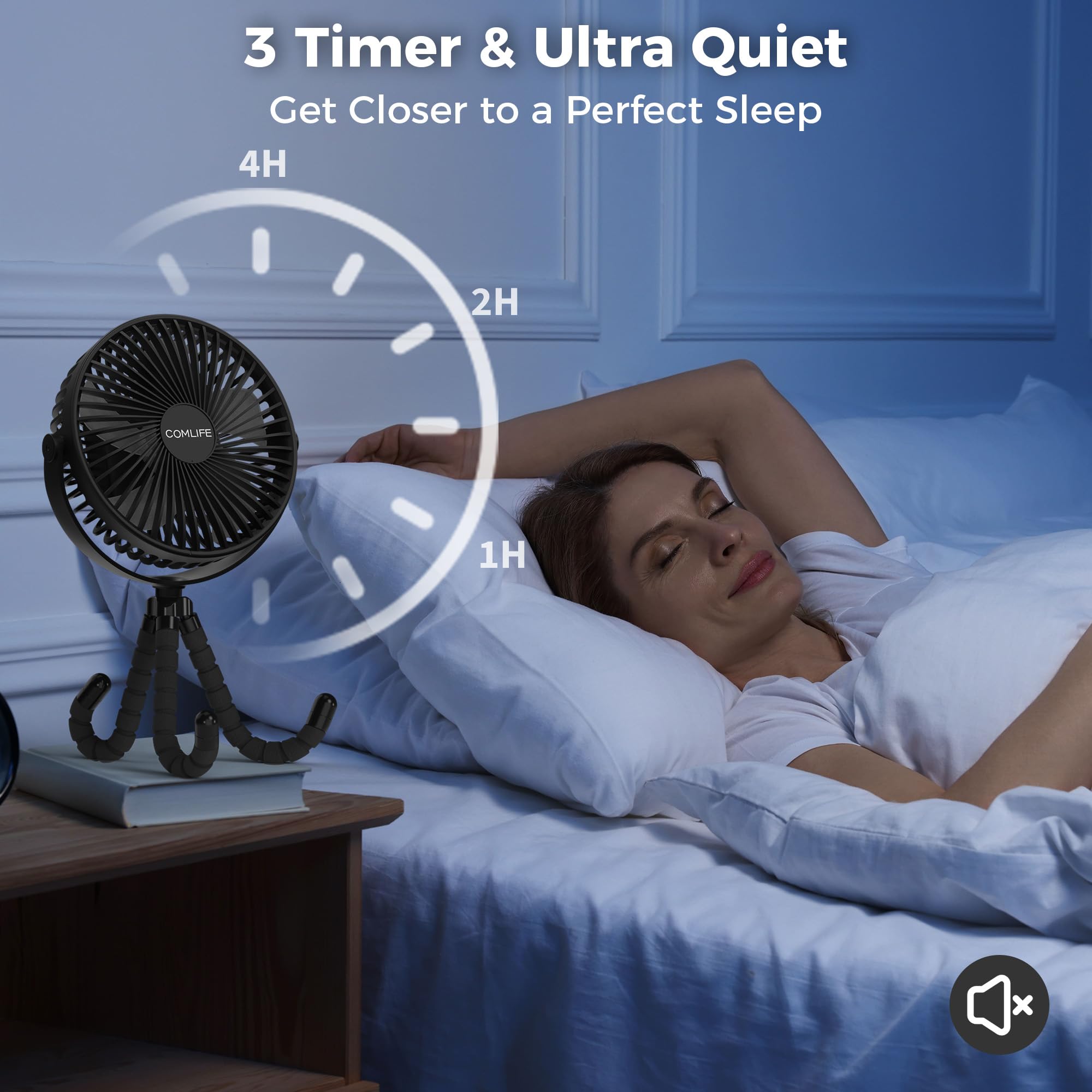 COMLIFE camping fan on flexible tripod supports desk or tent setup.