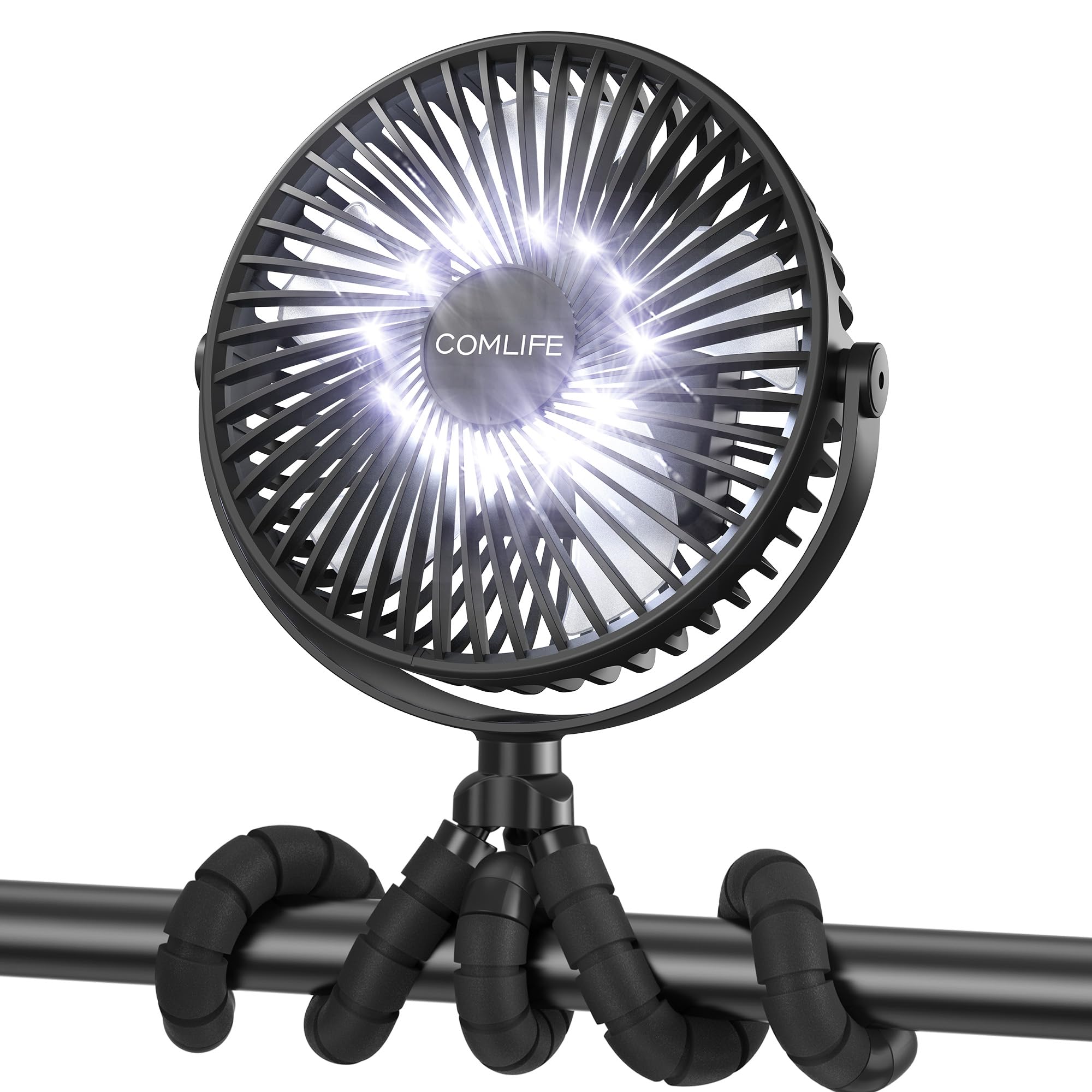 COMLIFE camping fan with LED lantern clipped for portable cooling.