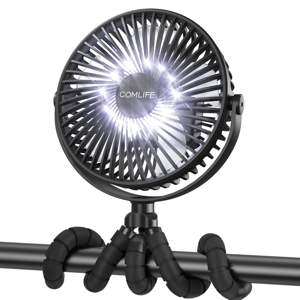 COMLIFE camping fan with LED lantern clipped for portable cooling.