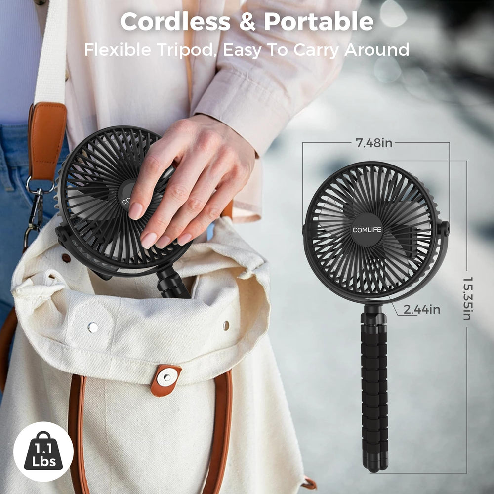 COMLIFE camping fan attached to stroller provides gentle breeze for outings.