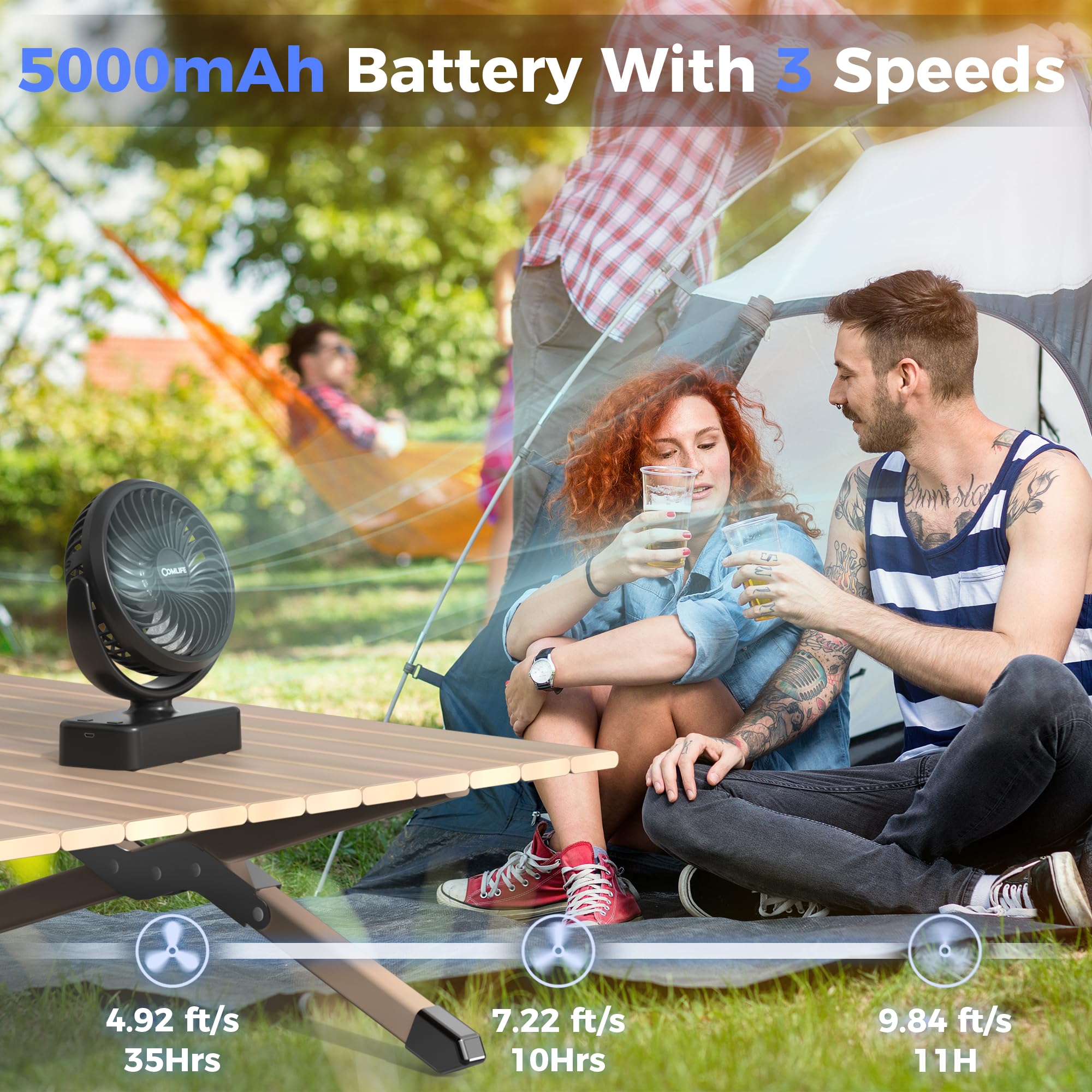 COMLIFE-foldable-hook-tent-fan hung in a tent for easy overhead airflow.